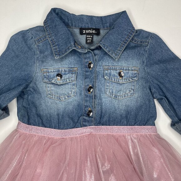 Zunie Girls Cotton Blend Denim & Pink Glitter Unicorn Tutu Dress - 2T - Picture 3 of 11